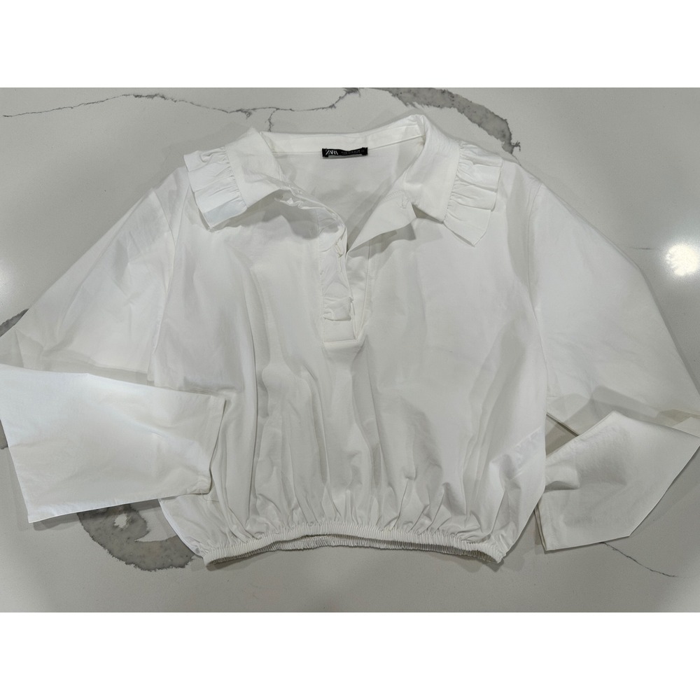 Zara White Ruffle Collar Cropped Poplin Blouse Elastic Hem Small‎
